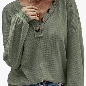 Women Long Sleeve Shirts Fashion V Neck Loose Casual Blouse Deco Button